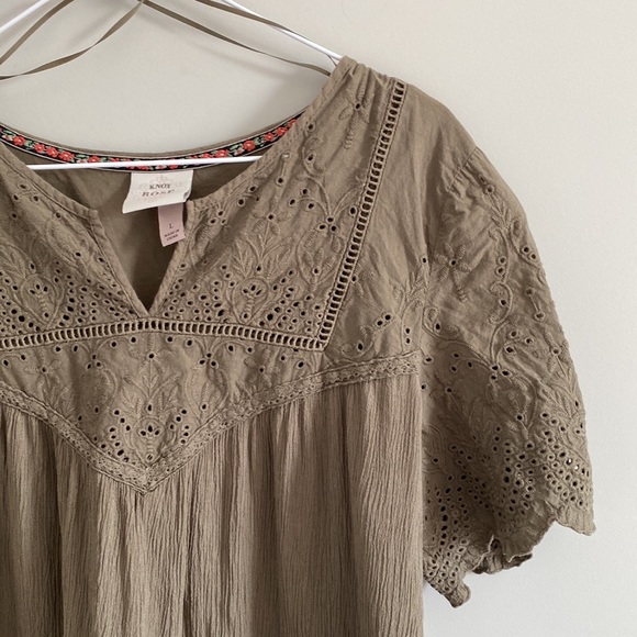 Knox rose embroidered lace boho olive green short sleeve blouse Sz large - Picture 4 of 7